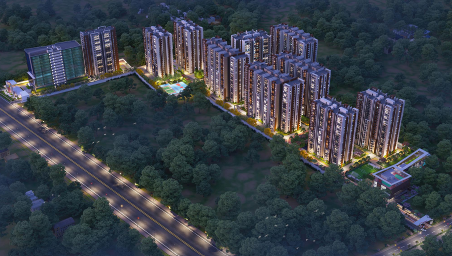 Aerial view of DSR Mirabilia showcasing premium amenities and landscaped spaces